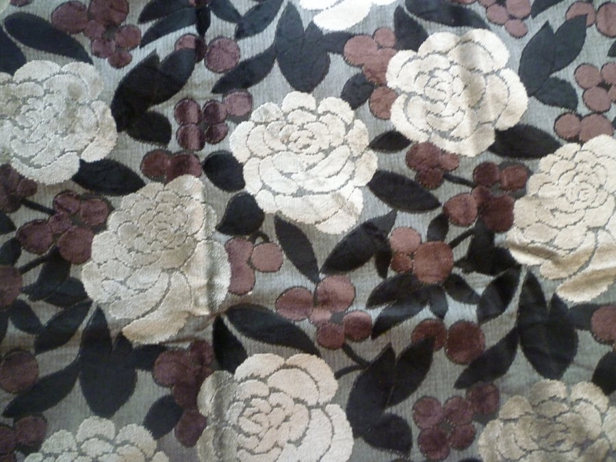 1mt Purple Grape Chenille Floral Black Cream Cotton Upholstery Fabric