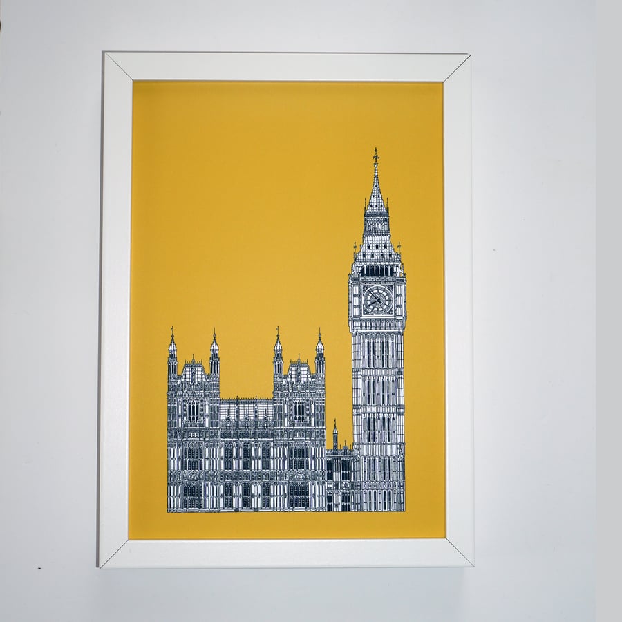 Big Ben Print in sunshine yellow, London Picture, British Art