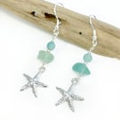 Green Sea Glass Earrings. Sterling Silver, Amazonite Crystal, Starfish Charm