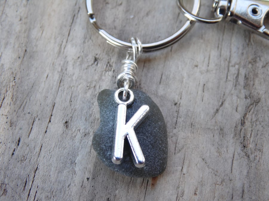 Initial 'K' Olive Green Cornish Sea Glass Bag Charm Keyring K585