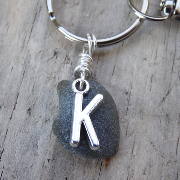 Initial 'K' Olive Green Cornish Sea Glass Bag Charm Keyring K585