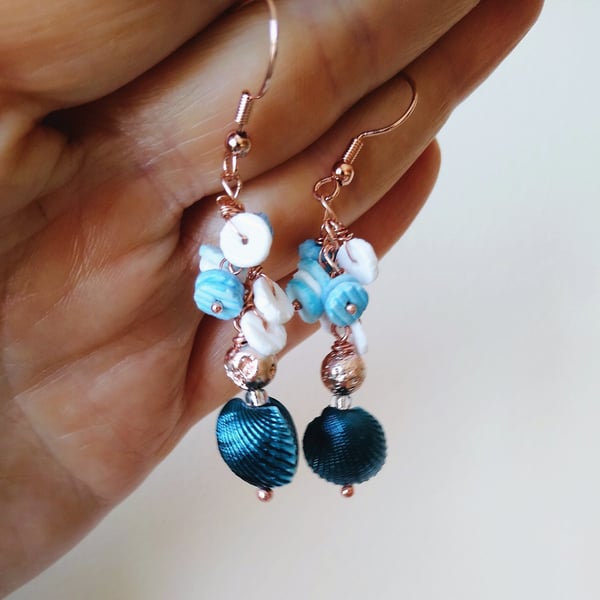 Blue & White Shell Rosegold Earrings,  Boho Blue & White Real Shell Earrings