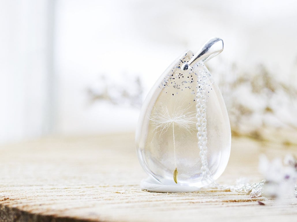 Dandelion Necklace with Single Wish and Glitter Silver Grey Real Dandelion Dande