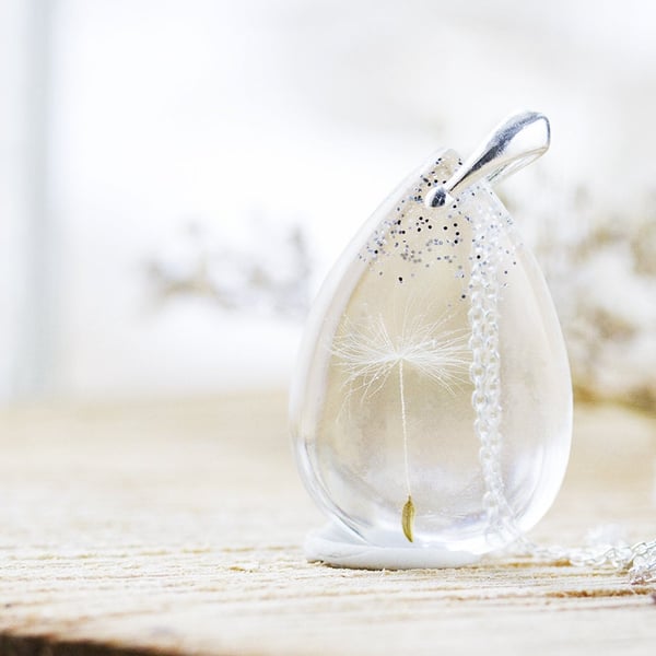 Dandelion Necklace with Single Wish and Glitter Silver Grey Real Dandelion Dande