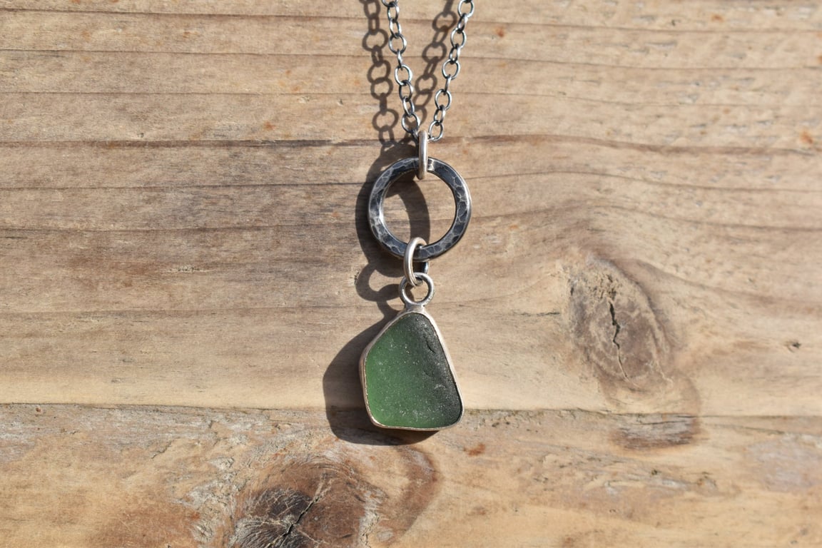 Sea Glass and Recycled Silver Bezel Set Necklace, Teal Green Scottish Sea Glass