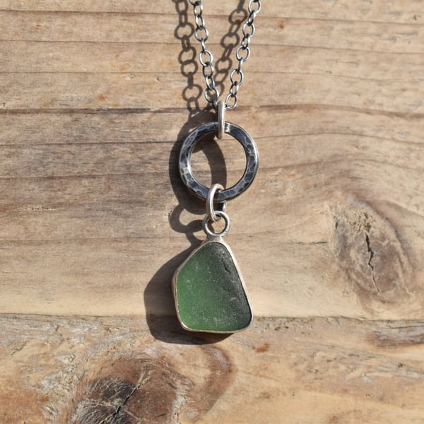 Sea Glass and Recycled Silver Bezel Set Necklace, Teal Green Scottish Sea Glass