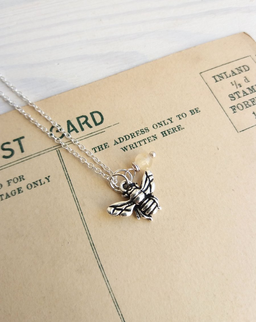 Petite Silver Bee charm necklace with lemon jade - gift for gardener
