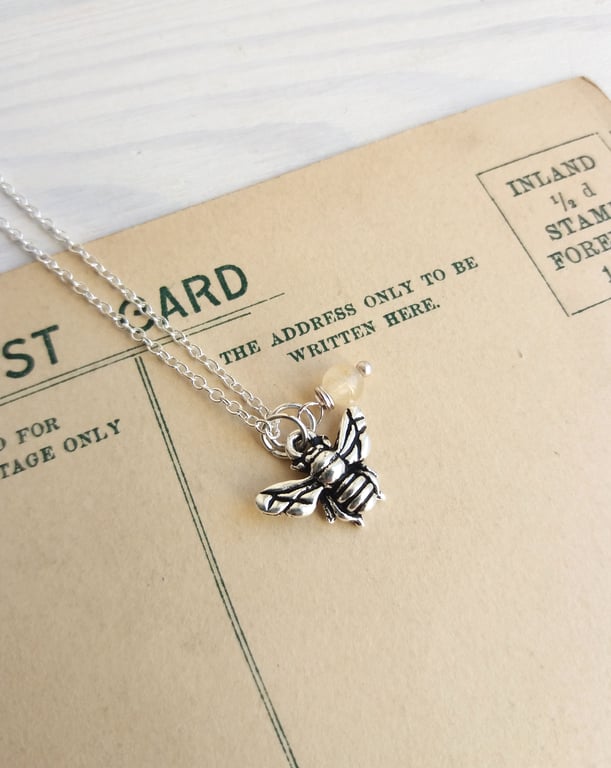 Petite Silver Bee charm necklace with lemon jade - gift for gardener