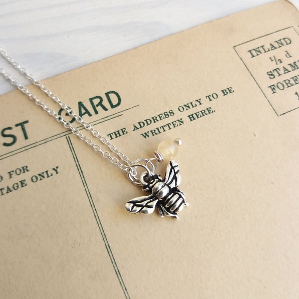 Petite Silver Bee charm necklace with lemon jade - gift for gardener
