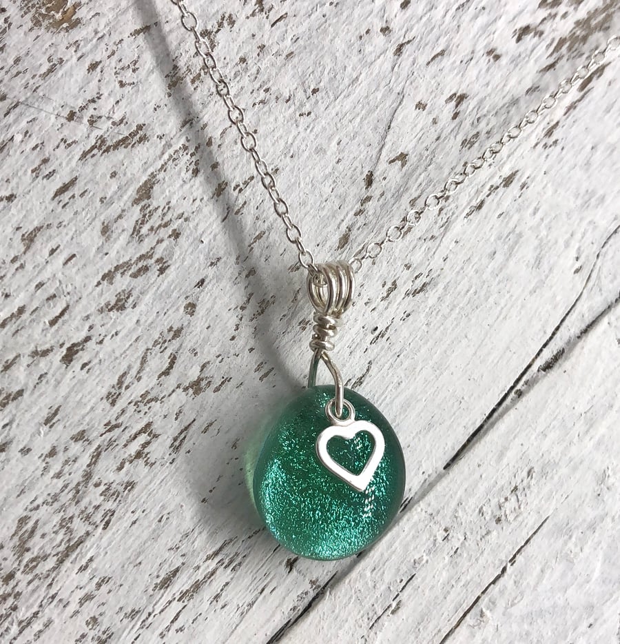 Sterling Silver & Sea Green Glass Necklace with Silver Heart Charm