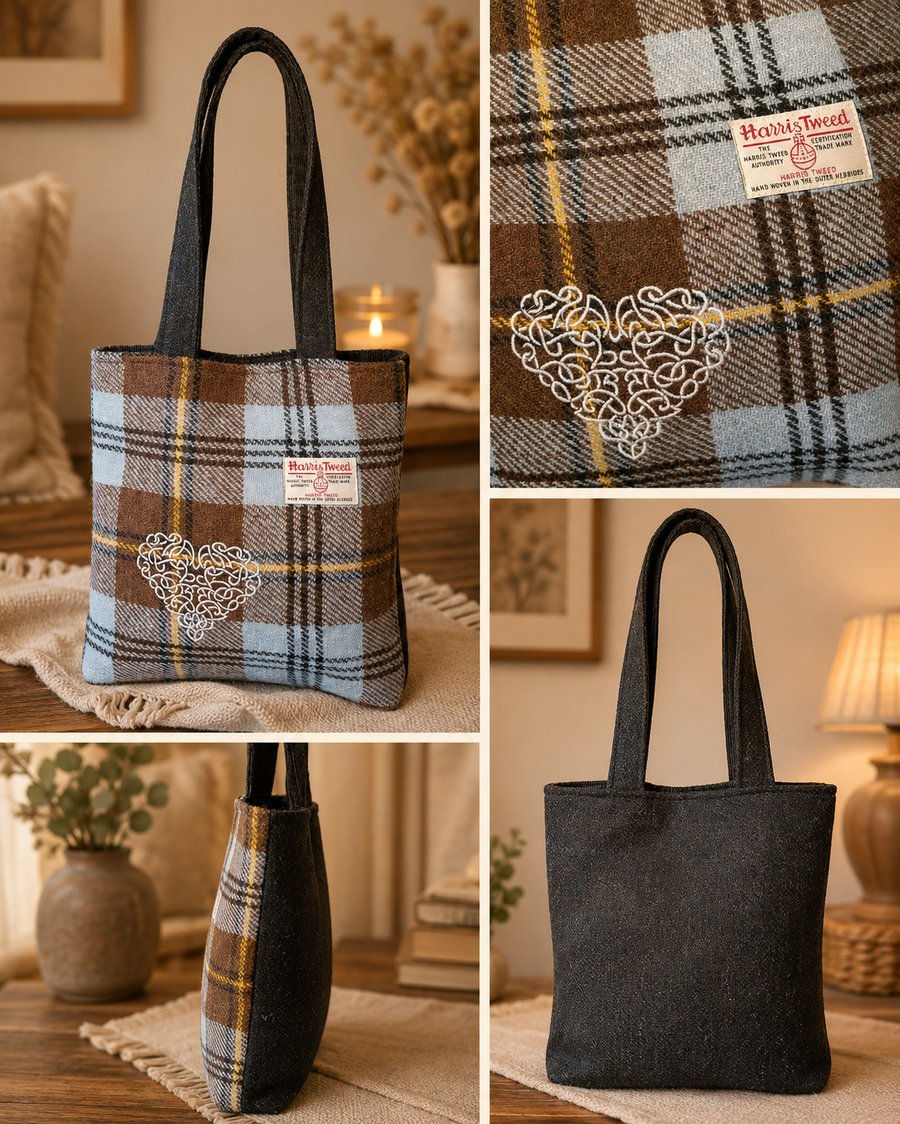 Harris Tweed Shaw Tartan Tote bag with Celtic Knot 