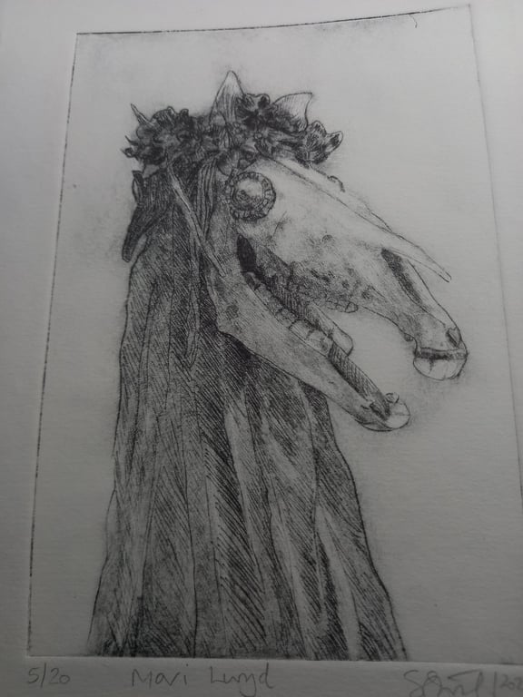 Mari Lwyd drypoint etching