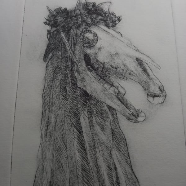 Mari Lwyd drypoint etching