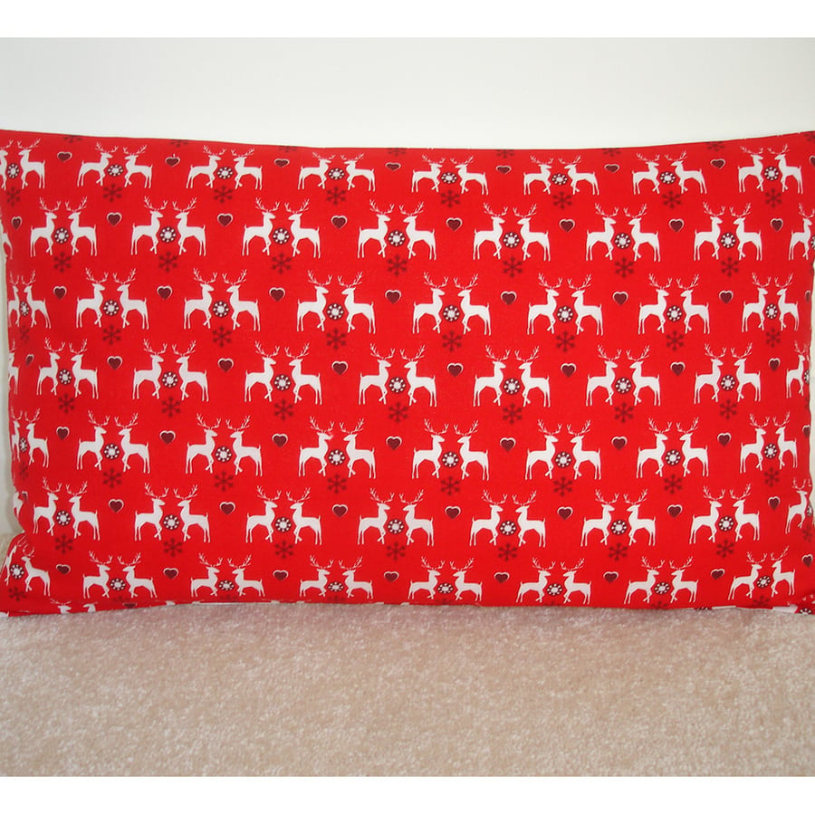 Oblong Bolster Christmas Cushion Cover Red Reindeer 20x12
