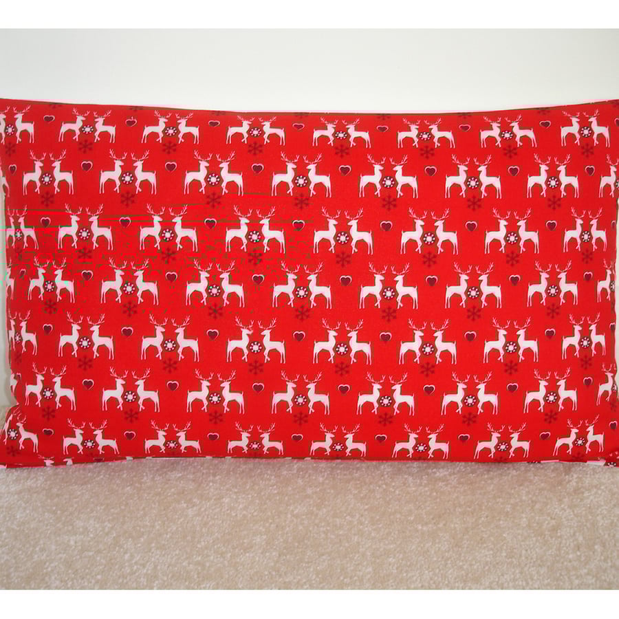 Oblong Bolster Christmas Cushion Cover Red Reindeer 20x12
