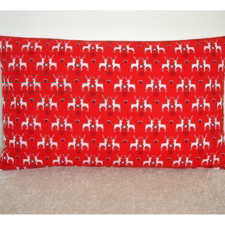 Oblong Bolster Christmas Cushion Cover Red Reindeer 20x12