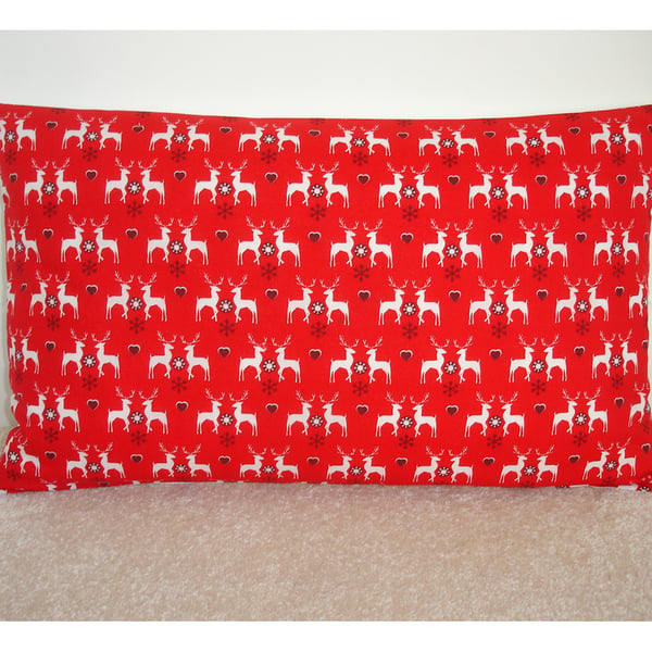 Oblong Bolster Christmas Cushion Cover Red Reindeer 20x12