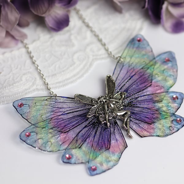 Fairy Wing Charm Necklace Rainbow Fairycore Cottagecore Boho Fairy Gift