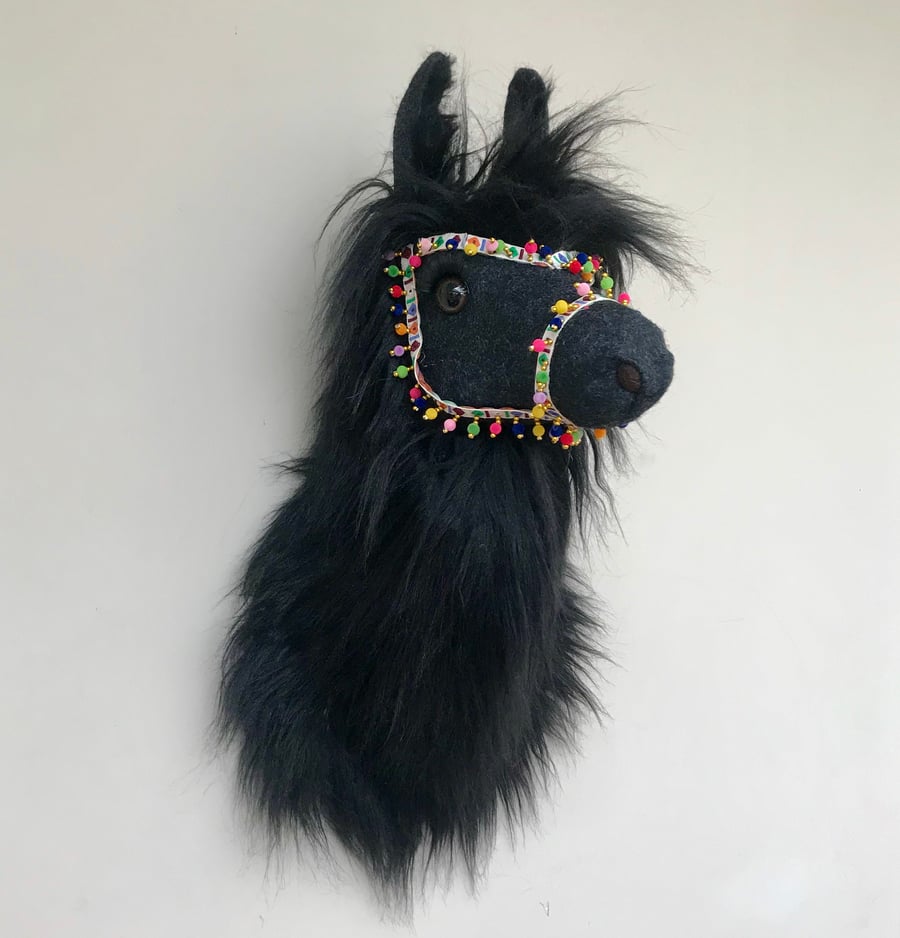 Handmade fauxidermy black Llama Lama Alpaca wall mounted animal head