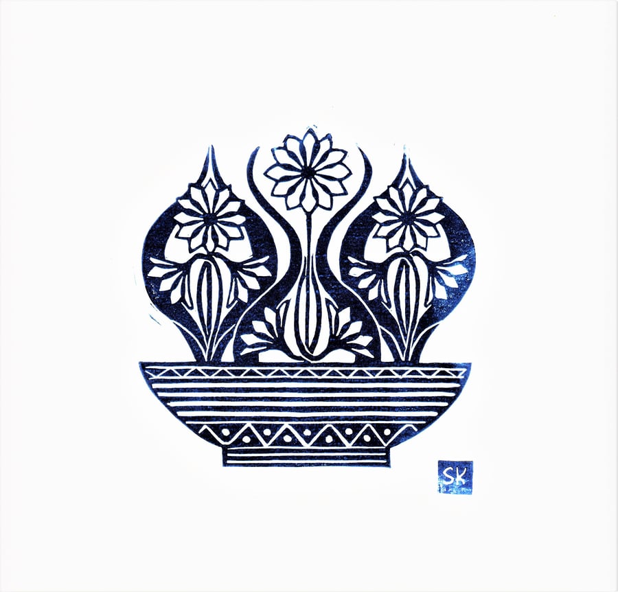 Bowl of flowers Lino Print