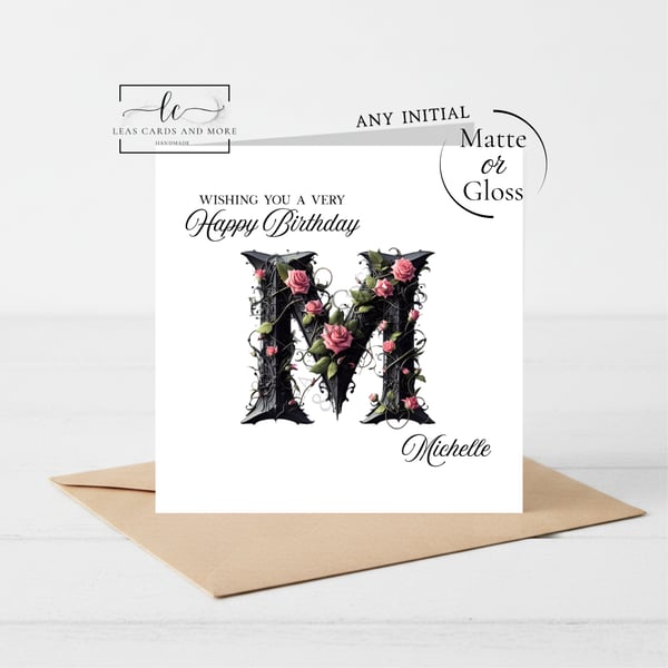 Any Initial - Pink Rose Initial Happy Birthday Card