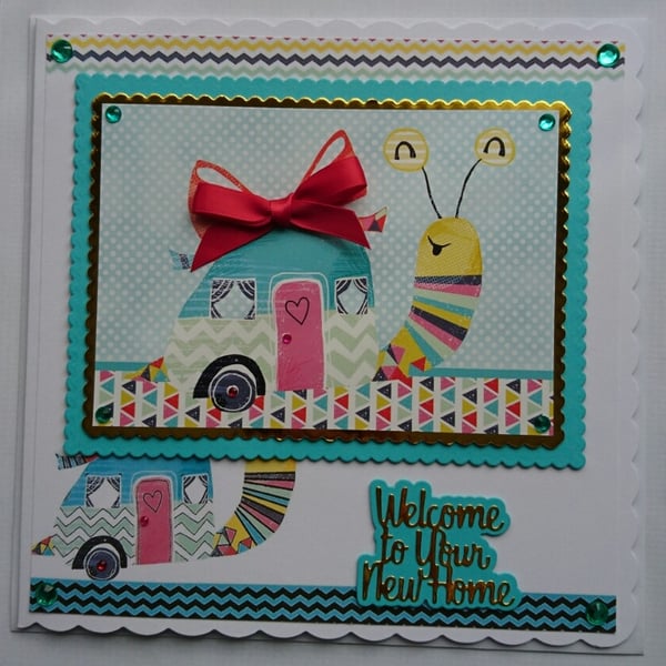 3D Luxury Handmade Card Welcome to Your New Home Snail House Cute - Blue