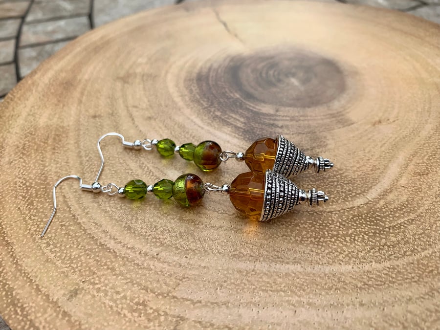 Topaz and Olive Green Crystal Dangle Earrings