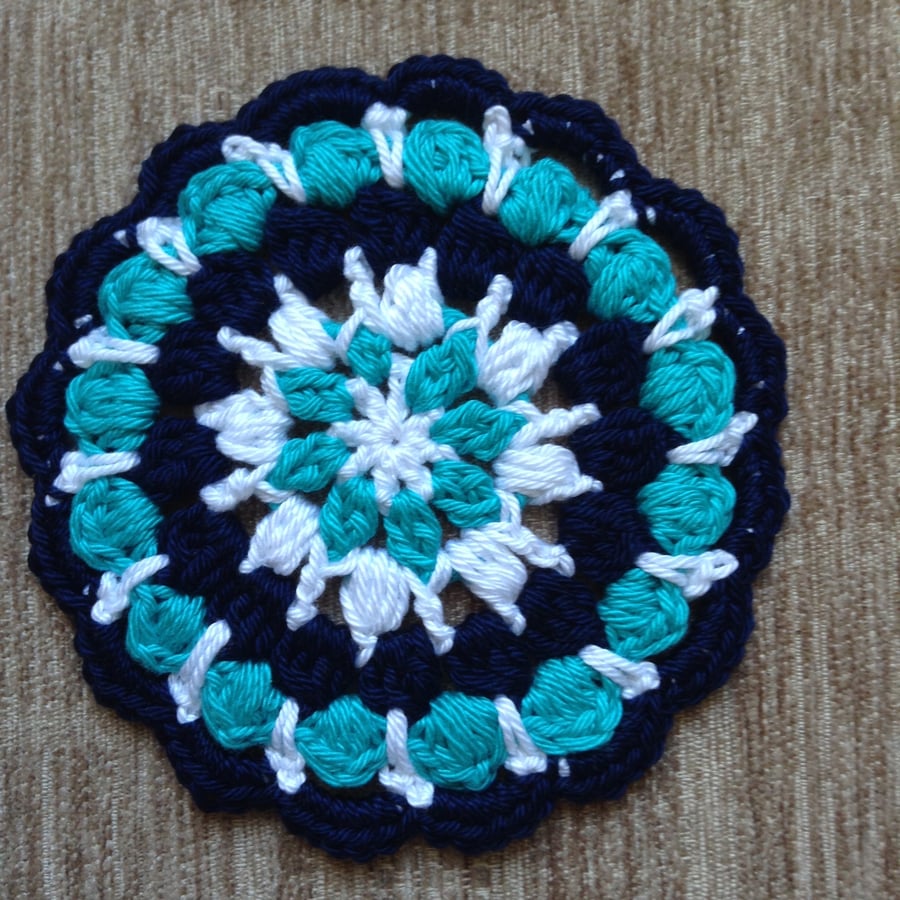 Crochet Mandala Doily Table Mat Coaster in Navy Blue,Turquoise and White