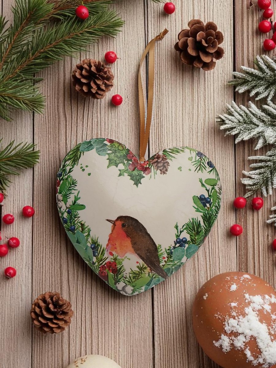 Robin and Berries Ceramic Heart Plaque Christmas Decoration Tree Ornament