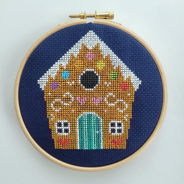Modern Cross Stitch Kit With Hoop - Gingerbread House