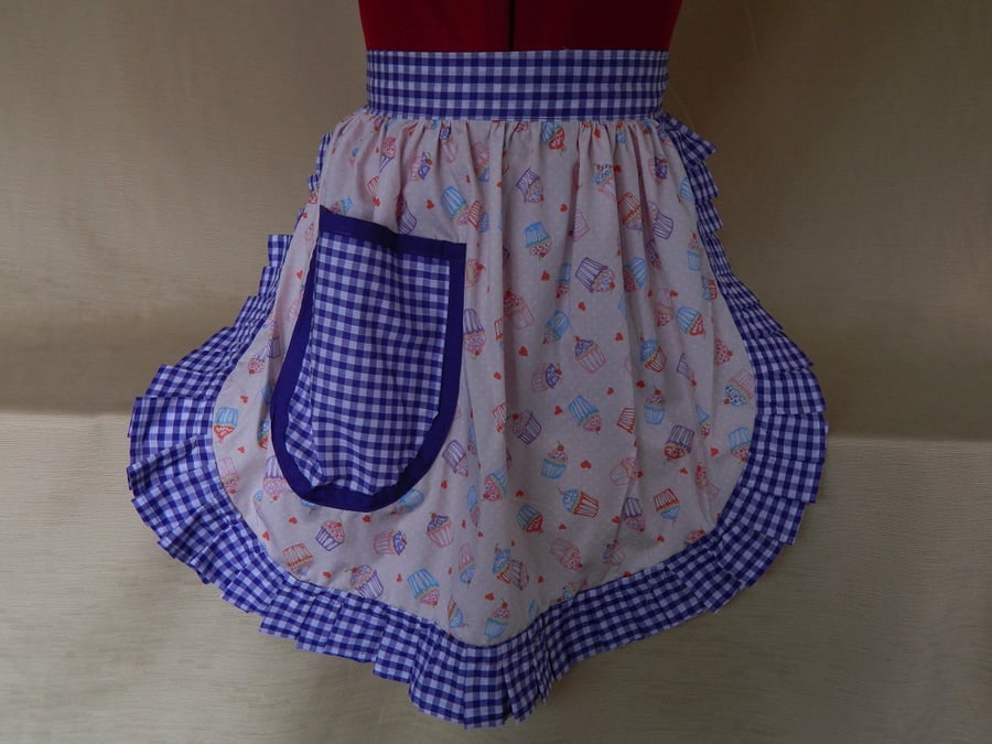Vintage 50s Style Half Apron Pinny - Pale Pink Cupcakes with Lilac Gingham Trim