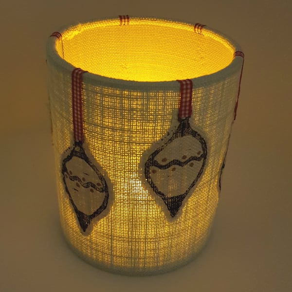 Hand printed bauble lantern with LED candle (Pale blue with red & white ribbon)