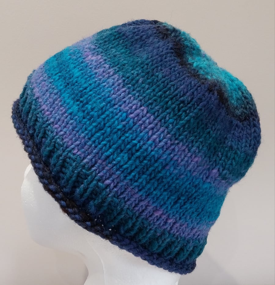 Handknit Noro Beanie Hat 100% Wool Purples and Blues