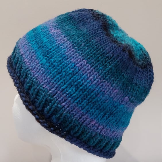 Handknit Noro Beanie Hat 100% Wool Purples and Blues