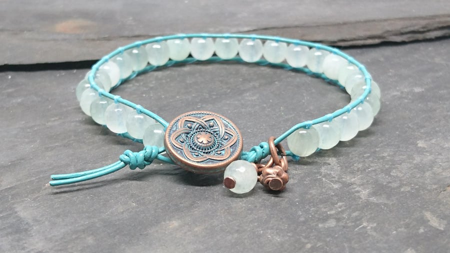 Turquoise leather and faceted gemstone bracelet with copper button