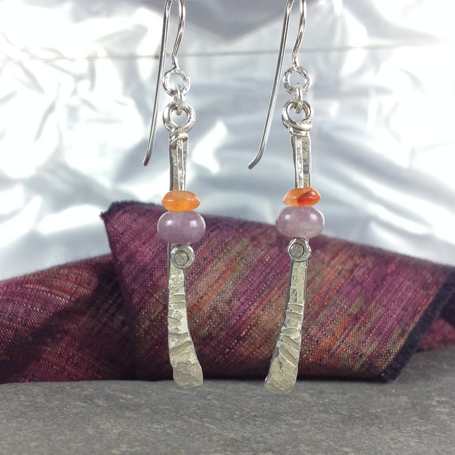 Silver lepidolite and carnelian long dangly earrings