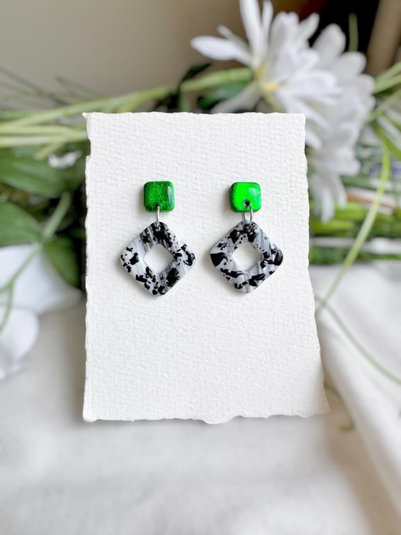 Green Emerald Foil & Reworked Clay Geometric Dangle Earrings