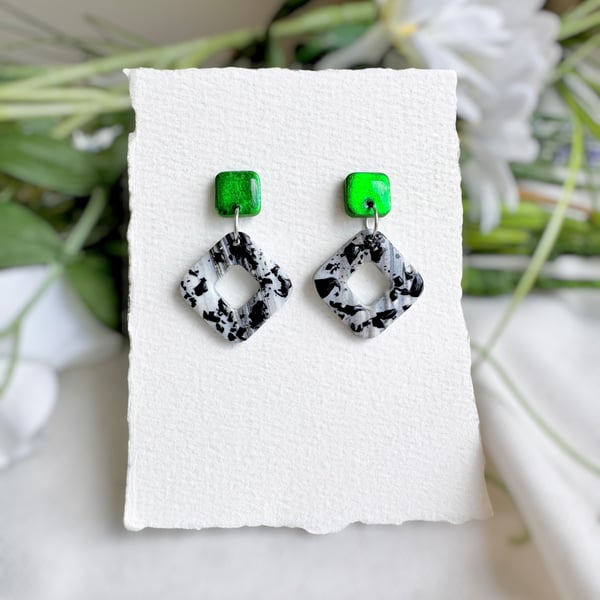 Green Emerald Foil & Reworked Clay Geometric Dangle Earrings