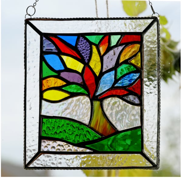 Rainbow Tree of Life Suncatcher Leaf Stained Glass Picture 015