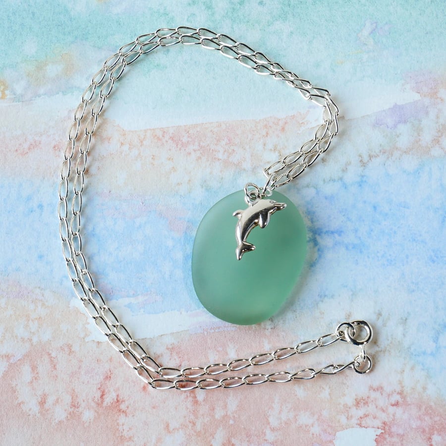 Seaglass Nugget with a Sterling Silver Chain and Dolphin Charm