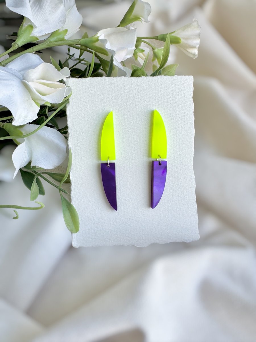 Neon Yellow and Purple Acrylic Earrings - Linear Curved Dangles