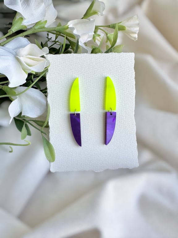 Neon Yellow and Purple Acrylic Earrings - Linear Curved Dangles