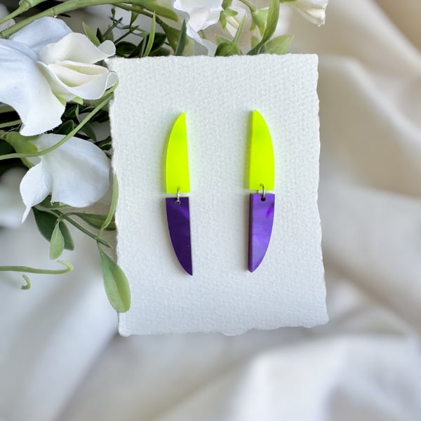 Neon Yellow and Purple Acrylic Earrings - Linear Curved Dangles