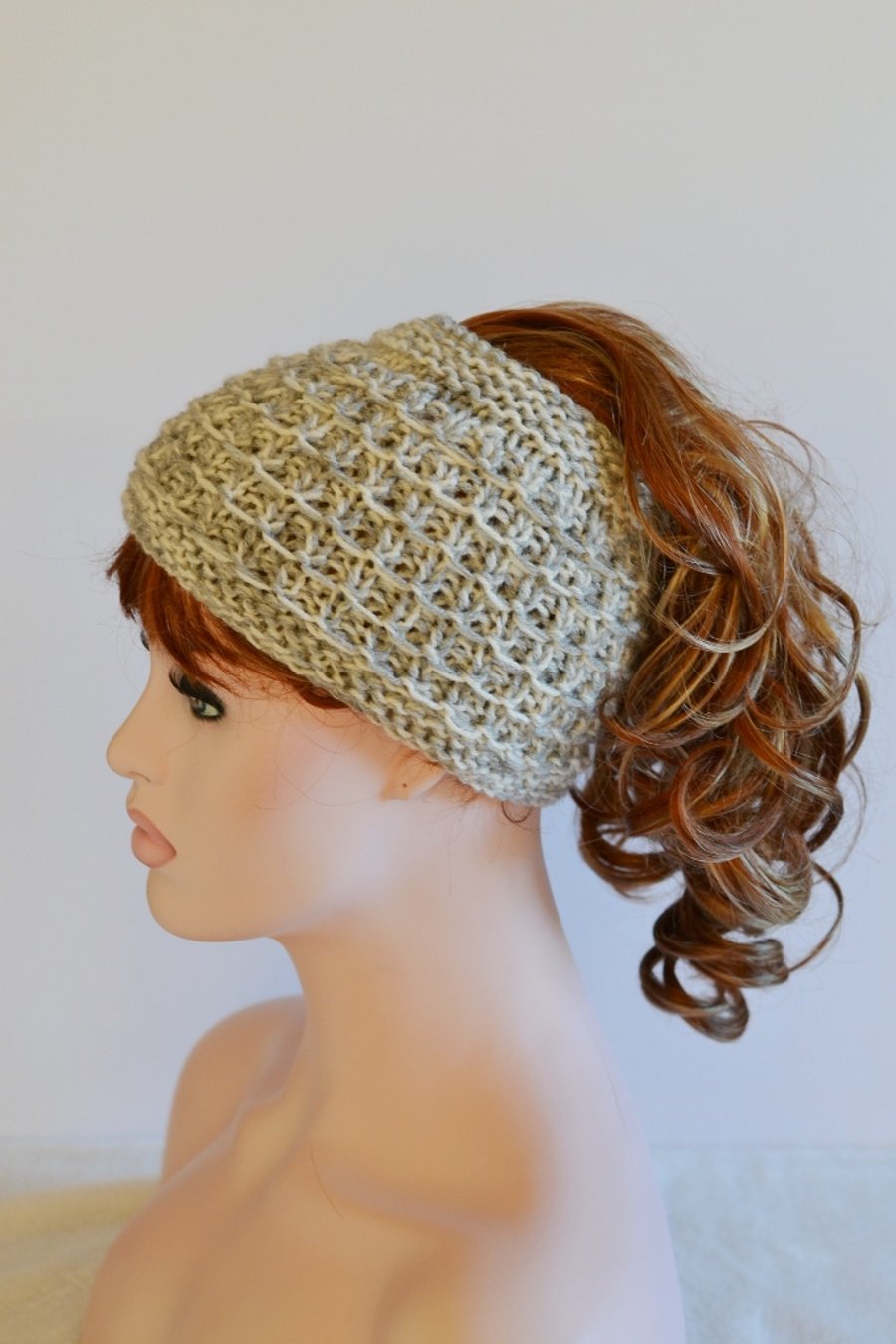 PonyTail Hat, Hair Wrap, Cream and Grey KeepFit Yoga Headband