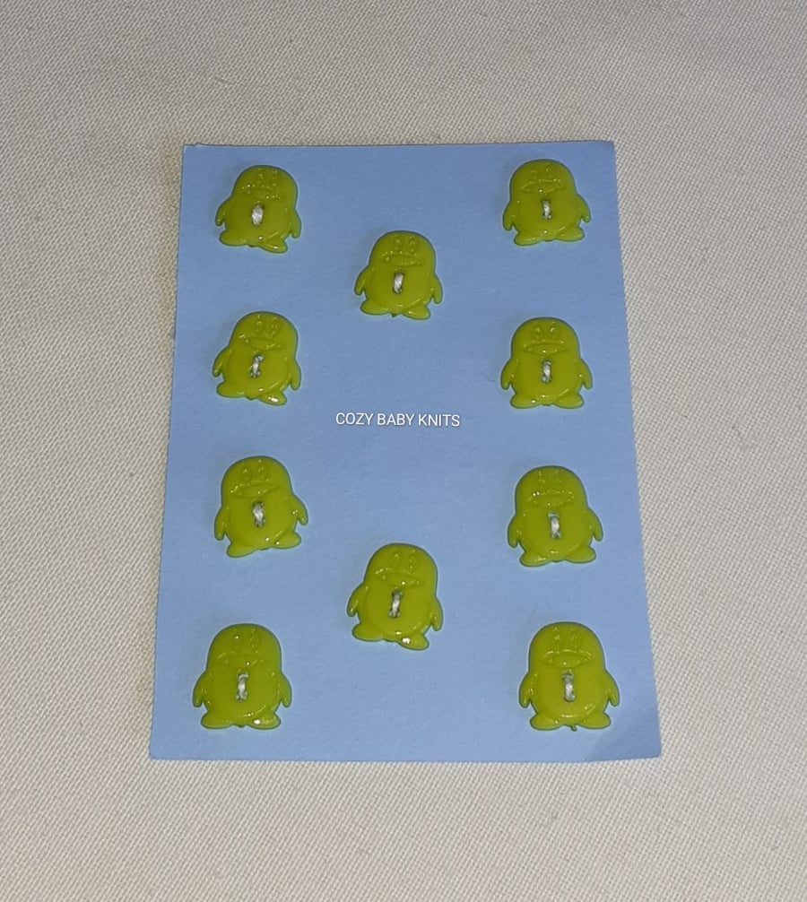 GREEN PENGUIN SHAPED BUTTONS WITH TWO HOLES FOR ATTACHING
