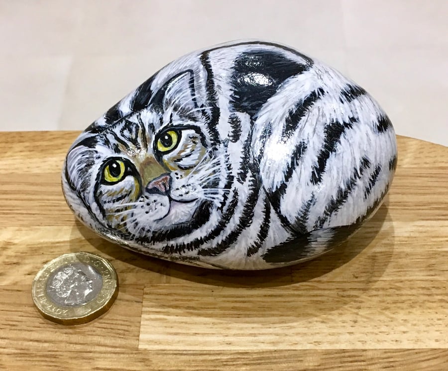 Cat painted pebble garden rock pet stone portrait 
