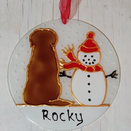 Golden Retriever and Snowman Christmas sun catcher decoration