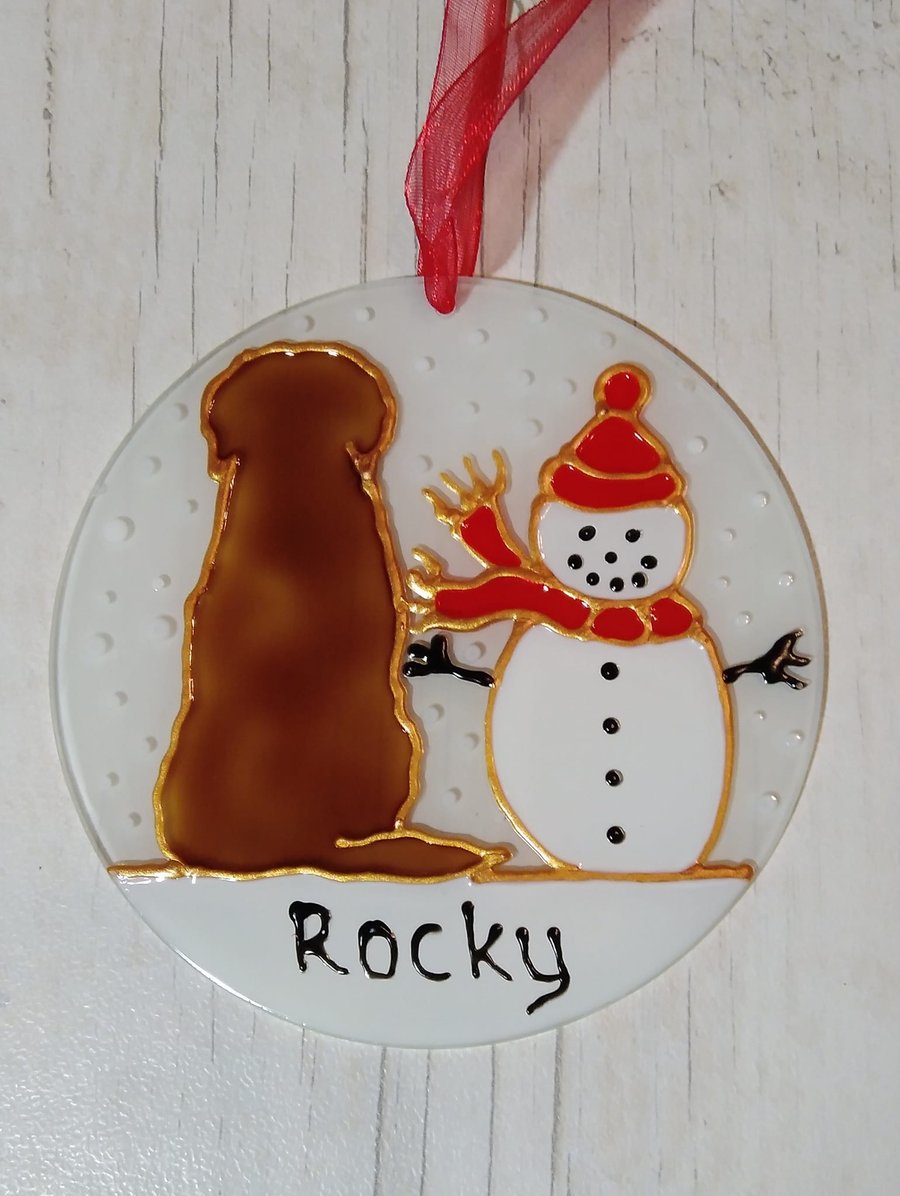 Golden Retriever and Snowman Christmas sun catcher decoration