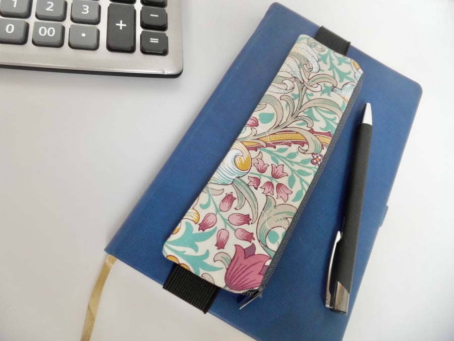 SOLD Pencil case for cover of book diary journal elasticated Golden Lily fabric