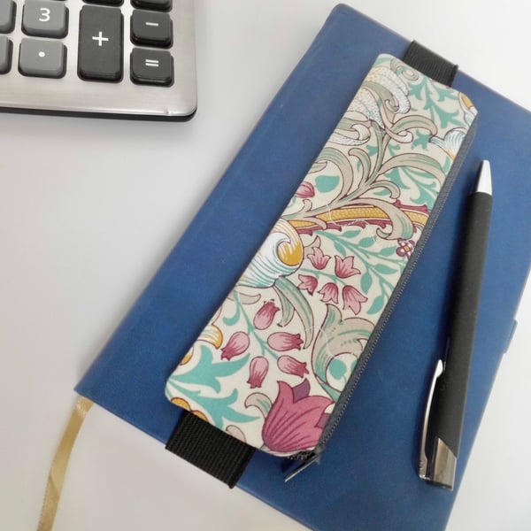 SOLD Pencil case for cover of book diary journal elasticated Golden Lily fabric